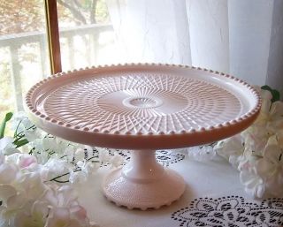 EXQUISITE JEANETTE HARP SHELL PINK MILK GLASS PEDESTAL CAKE STAND