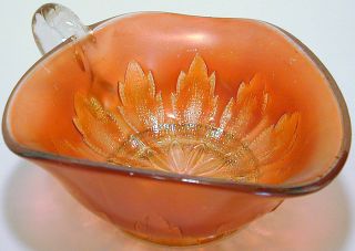 Vintage Dugan Leaf Rays Marigold Carnival Glass Handled Nappy Bowl
