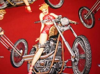 Fabric Henry Hot Wheels Vintage Motorcycle Pinup Girls Retro Red