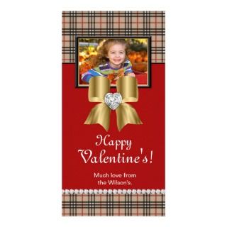 Valentines Photo Card Plaid Red Gold Jewel Bow