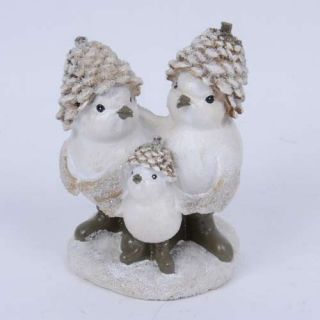 Witzige Winter Deko Vogel Familie mit Schnee und Zapfen