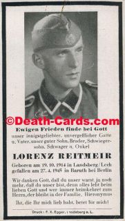 STERBEBILD DEATH CARD ELITE PANZER DIV FRUNDSBERG BERLIN 27 APRIL 1945