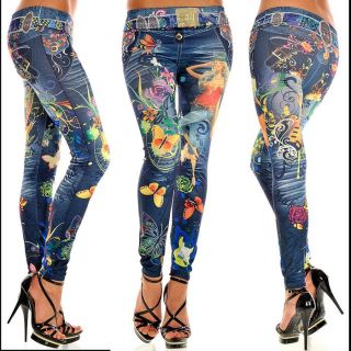 Fashion PRINT Stretch LEGGINGS Legging im Jeans Look Onesize ca 34 40