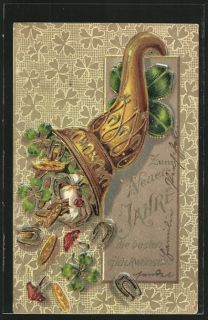 tolle Präge AK Geld, Pilz, Hufeisen und Klee in einem Füllhorn 1905