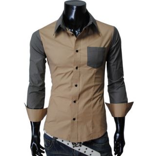 KST) TheLees Mens casual 2 tone slim fit pocket dress shirts BEIGE