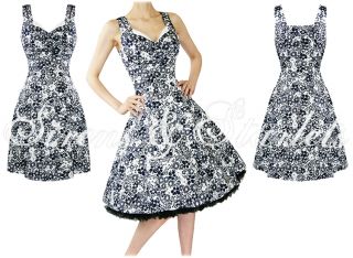 Damen Kleid Vintage 50er Jahre Stil Blau Weiß Blumen Muster Party