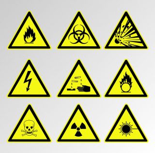 Warnaufkleber, Warnhinweis, Giftig, elektrische Spannung, Radioaktiv