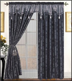 4pcs Black Silver Jacquard Floral Window Curtain / Drape Set with