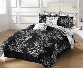8pcs Reversible Black White Tree Branches Bed in a Bag Comforter Set