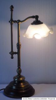 Antik Jügendstil Messing Holz Glas Tischlampe 53 cm Hoch