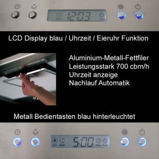 Dunstabzugshaube Inselhaube LCD Display Nachlaufautomatik Uhr