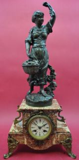 antique french   figural Mantel Clock   cast iron and red marble   app