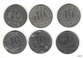 6x 10 Pfennig Deutsches Reich 1917 1918 1919 1920 1921 1922 Satz Zink