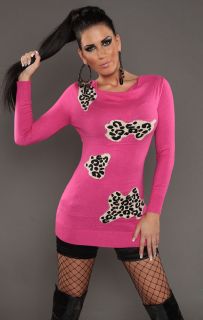 Strickkleid Strick Long Pulli Pullover Shirt Kleid Strass pink Leo