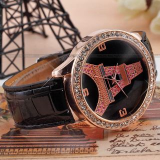 Kristall Damenuhr Eiffelturm Quarzuhr schwarz Leder Armband Uhr Watch