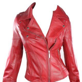 100% Frauen Leder Jacke Vintage Look Biker Style Rot