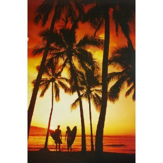 Surfing  Sunset Beach Couple Palms Nature Paper Postergröße 36 x 24