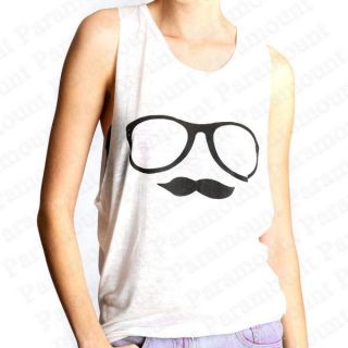 Moustache Print Top Hat Love Glasses Sleeveless T Shirt Vest Top Tee