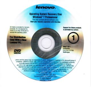 Lenovo Recovery DVD ThinkPad T410 T410s T510 W510 64 bit Win 7