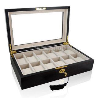 12 Slot Walnut Wood Watch Box Case Mens Jewelry Glass Top Storage