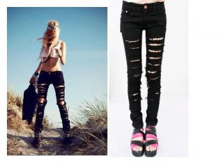New Fashion Women Black Cut out Punk Ripped Jeans Jeggings Trousers
