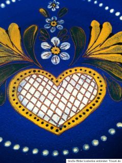 blauer Keramikteller mit Herzmotiv, handbemalt, Obstschale, Wandteller