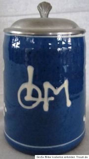 alter Bier Krug Bierkrug Ton Keramik mit Zinndeckel blau mit weiß