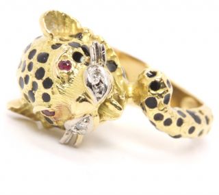 750 18kt Diamant Rubin Gold Ring Raubkatze Panther Emaille Diamantring