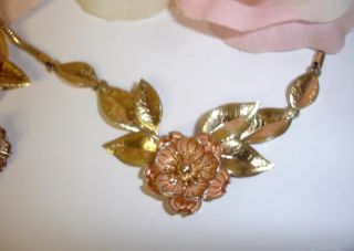 Krementz Rose Gold Filled GF Flower Brooch Necklace Earrings