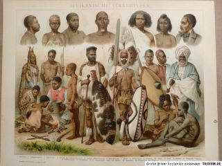 Afrikanische Völkertypen, Trachten, Chromo Lithographie 1895