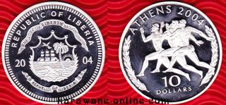 LIBERIA 10 Dollars 2004 Olympia Athen LÄUFER PP / Ag.925 / 20,20g