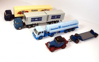 Sammlung 4 LKW MB 1626, 825, Kühltransporter, Tieflader