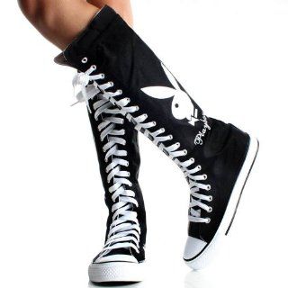 Playboy Bunny Lace up Knee High Boots Black Canvas Womens Sneakers