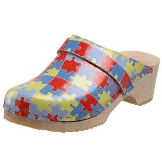Womens Puzzle Piece Wooden Swedish Clog,Red/Blue/Yellow,5 M US Shoes