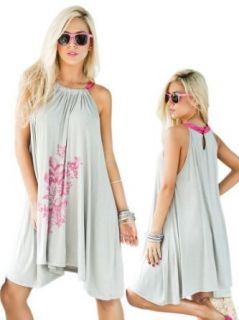 Pewter Grey Floral Print Asymmetrical Hem Halter Dress