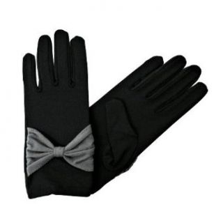 Solid Black Gloves With Big Wide Grey Bow Accent Clothing