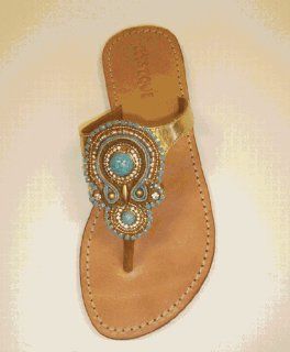  Mystique Jewel Embroidered Slip On Sandal in Turquoise/Gold Shoes