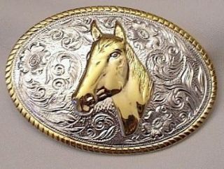 HORSE HEAD STERLING SILVER/GOLD PLATED BELT BUCKLE