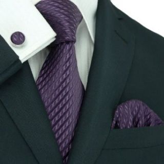 New Mens Stripes Dark Purple Pure Silk Tie Set