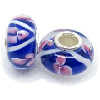 Bleek2Sheek Murano Inspired Glass Blue/White/Pink Flower Charm Beads