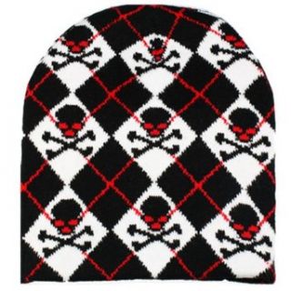 Argyle Black White & Red Beanie Cap Hat With Skulls