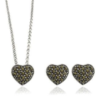 Silver Overlay Marcasite Heart Necklace and Earring Jewelry Set