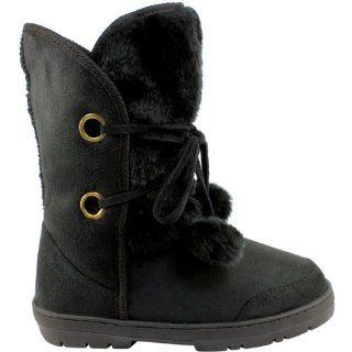  Womens Fur Lined Twin Bobble Winter Snow Boots Black Size 6 Shoes