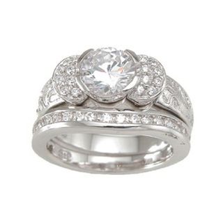Sterling Silver Round Cubic Zirconia Antique Bridal style Ring Set