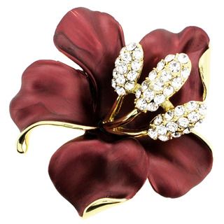 Goldtone White Crystal Red Hibiscus Flower Pin/ Pendant