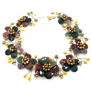 Sublime Floral Multicolor Jasper Gold Pearl Necklace (Thailand