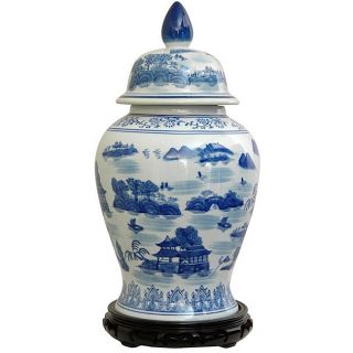 Porcelain 18 inch Blue and White Landscape Temple Jar (China