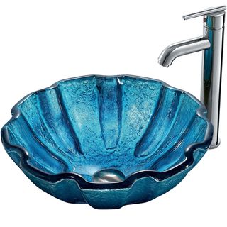 Mediterranean Seashell Vessel Sink in Blue with Chrome Faucet