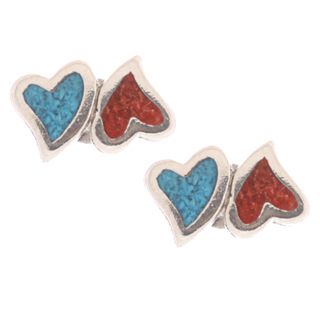Southwest Moon Double Hearts Turquoise and Coral Inlay Post Earrings