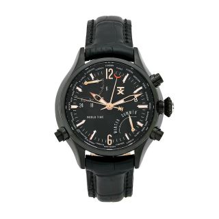 TX Mens World Time Black Leather Strap Black Dial Watch
